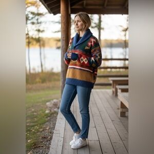 Vintage Shetland Wool Shawl Collar Muskoka Lake Southwest Aztec Sweater Medium